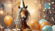 a horse with a mane in a festive cap among confetti and balls