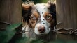 Horizontal AI illustration of an abandoned dog trapped behind a wooden fence. Animals concept.