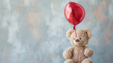 Canvas Print -  a  bear holding a red balloon in the shape of a heart with a string attached to it's head.