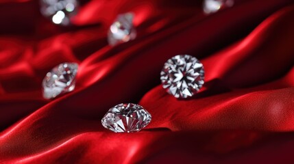 Wall Mural -  a close up of a pair of diamond studs on a red satin material with other diamond studs in the background.