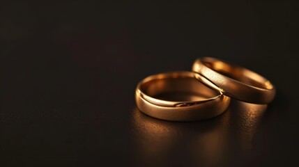 Wall Mural -  two gold wedding rings sitting next to each other on a black surface with a reflection of the ring on the ground.