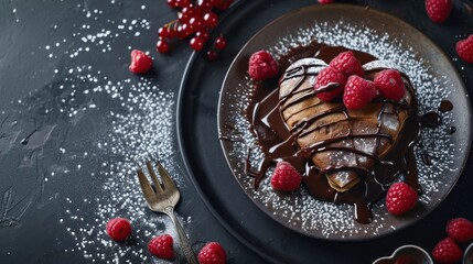 Sticker -  a chocolate crepe topped with raspberries and drizzled with chocolate on a black plate.