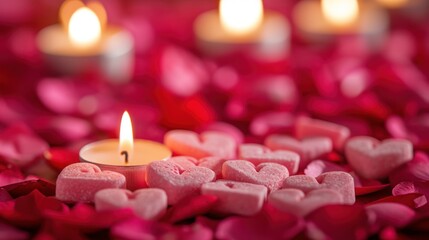 Poster -  a close up of a lit candle surrounded by heart - shaped marshmallows on a bed of pink petals.