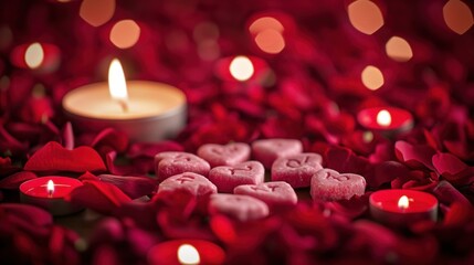 Poster -  a couple of candles sitting on top of a bed of rose petals next to a bowl filled with heart shaped cookies.