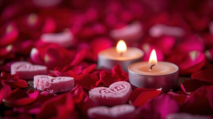 Poster -  a couple of candles sitting on top of a pile of rose petals next to a couple of heart shaped candies.