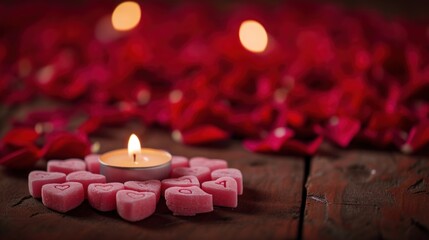 Poster -  a candle sitting on top of a wooden table next to a pile of heart shaped marshmallows on top of a wooden table.