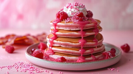 Sticker -  a stack of pancakes sitting on top of a plate covered in pink icing and raspberry toppings.