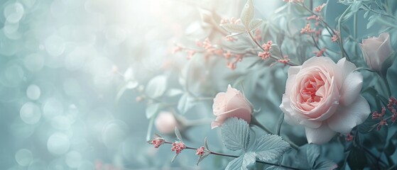 Sticker -  a close up of a pink rose on a branch with leaves and flowers in the foreground and a blurry background.