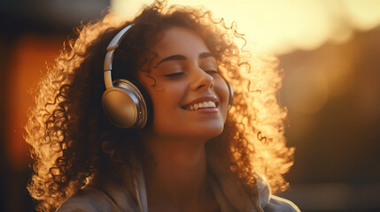 Wall Mural - Beautiful young african american woman listening to music with headphones.