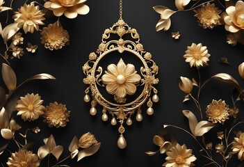 3d mural illustration background with golden jewelry and flowers in black decorative wallpaper