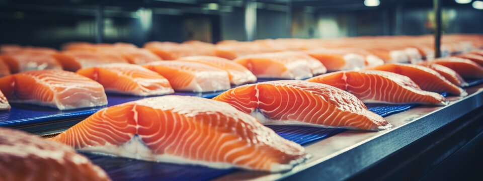 a production line of fresh salmon fillets.