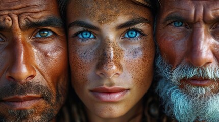 Veille homme au regard clair avec beaucoup d'intensité avec 2 personnes à ces cotés