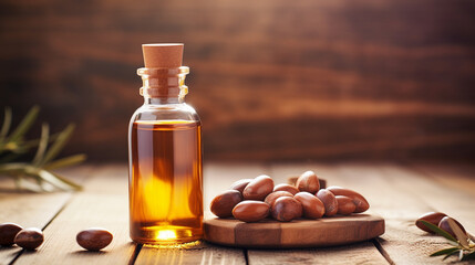 Sticker - argan essential oil on a wooden background.