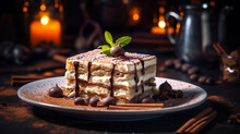 A close-up of a portion of the exquisite Italian tiramisu dessert, topped with a sprig of mint