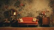 Elegant Vintage Living Room Interior Design. Classic interior design featuring a red tufted vintage sofa, ornate mirror, and floral arrangements against a floral wallpaper backdrop.