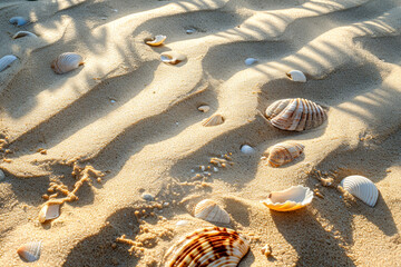 Wall Mural - sand texture with waves and shells