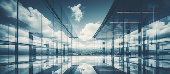 Wall Mural - stylish office building wall with big glass windows mirrors cloudy sky.
