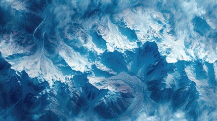 Satellite view of a snowy mountain, top view of winter mountain peaks