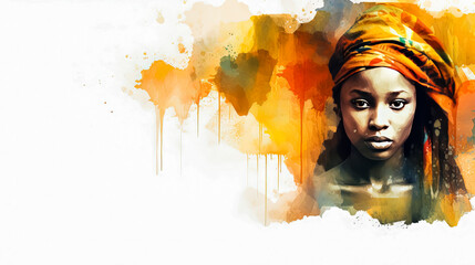 Wall Mural - African woman in traditional attire, vivid watercolors on white.