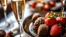 Close-up Of A Dessert Tray With Chocolate-covered Strawberries And Champagne