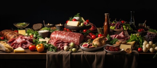 Poster - Christmas spread with assorted meats, cheese, vegetables, and arugula salad.