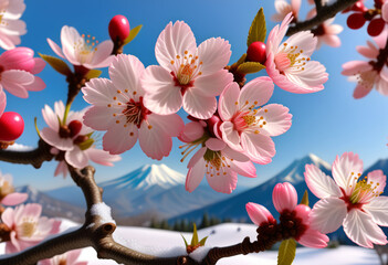 Close-up shot of cherry blossoms with Mount Fuji in the backgrou