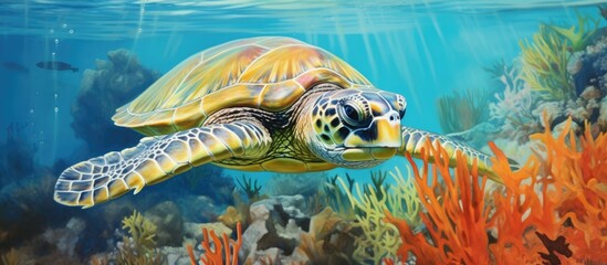 Poster - Close-up view of a Green Sea Turtle swimming in the ocean with corals and sea grass in the foreground.