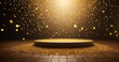 Empty room with gold confetti and spotlight on stage background, abstract golden bokeh light effect with copy space for product presentation mockup