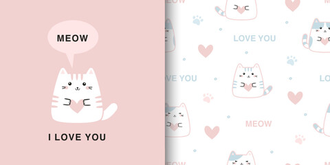 Wall Mural - Cartoon and seamless pattern with cute cat. Valentine set background. Design for fabric, textile, wallpaper, wrapping, print design. Vector illustration