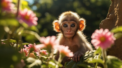 Wall Mural - Baby Monkey sitting on beautiful green garden and playing flower. AI Generative.