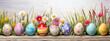 Bunte Ostereier, Banner für Ostern, Eiersuche an Ostern mit bunten Farben