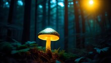 Golden Mushrooms Mysteriously Glowing In A Dark Forest. Neon Mushrooms. Bioluminescent Mushrooms. Beauty Of Nature. Mysterious Forest.