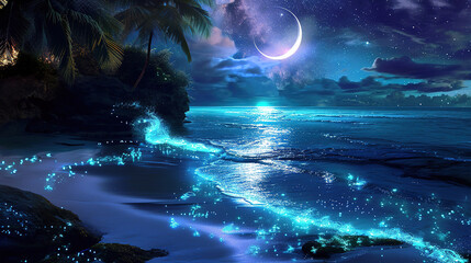 The Moon Night And Sea. Fiction. Concept Art. Realistic Illustra