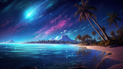 The Moon Night And Sea. Fiction. Concept Art. Realistic Illustra