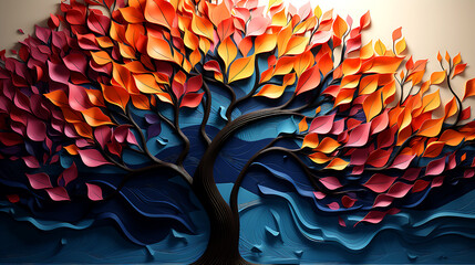elegant colorful tree with vibrant leaves hanging branches. 3d abstraction wallpaper