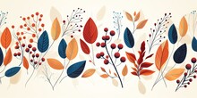 Hand Drawn Horizontal Banner Pattern With Autumn Bright Leaves And Berries In Retro Color Template. Flat Doodle Style.