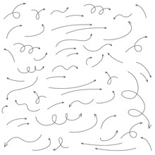 Hand drawn thin line arrows set. Many vector arrows isolated on white background.
