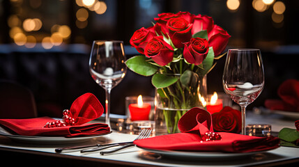 Festive table setting with elegant wine glasses and beautiful red roses on a Valentine's Day background