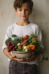 Wall Mural - the boy holds vegetables. The concept of healthy children's nutrition