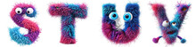 Group Of Letters Furry Monsters S, T, U, V Funny Fluffy Wool Alphabet Isolated On Transparent Background