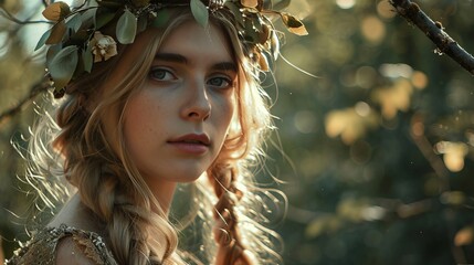 Wall Mural - Natural germanic elvish princess, elf, wearing light traditional leaf armour with a leaf crown, in forest, cinematic shot