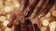 black women hands with perfect manicure, gold, shiny, nail salon