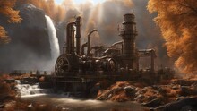 Oil Refinery Factory Steam Punk  Waterfall Of Steam, With A Landscape Of Metal Trees And Gears, With A Beautiful Waterfalls 