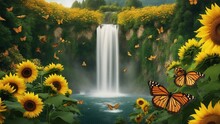 Butterfly On The Flower Fantasy  Waterfall Of Joy, With A Landscape Of Sunflowers And Butterflies, 