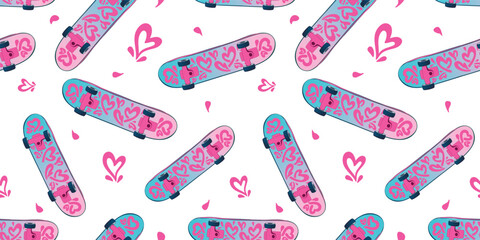 Cartoon red Heart patter on skateboard. Groovy style. Valentine's Day seamless pattern. Skateboard with hearts cover ornament. Romantic wrapping paper. 14th February print