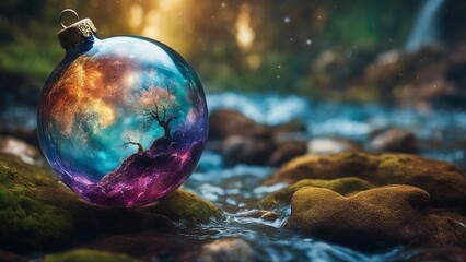 christmas ball in the water ethereal fantasy concept art of masterpiece,   photo of   multi colors Waterfall