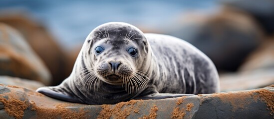 Poster - Seal pup happily lounging on rocky beach in close-up.