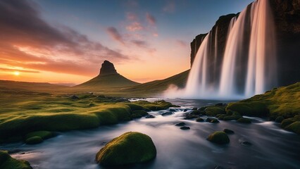  waterfall in the mountains ethereal fantasy concept art of masterpiece,  macro photo of   Seljalandfoss waterfalls 
