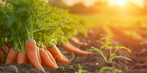 As the Sun Sets, a Closeup of Ripe Carrots in a Bountiful Field: Organic Farming Nurtures Fresh and Nutrient-Packed Vegetables, Generative AI