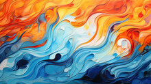 An Abstract Fusion Of Deep Oceanic Blues And Fiery Oranges In A Swirling, Wave-like Pattern, Depicting The Meeting Of Water And Fire Elements Ai Generative